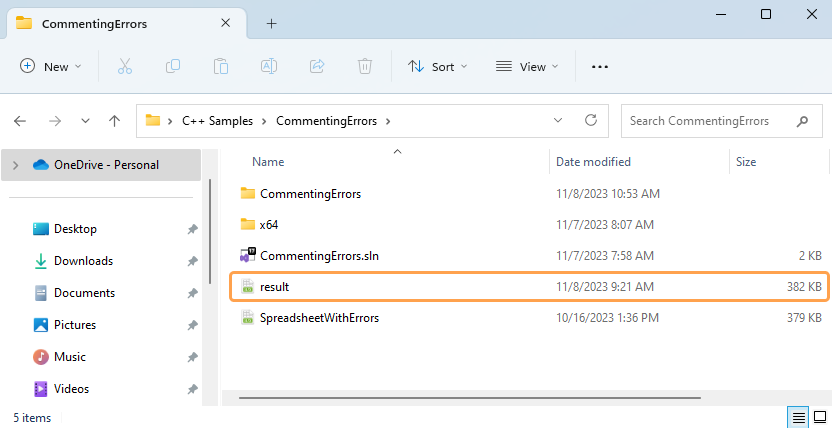 C# Builder sample folder result file